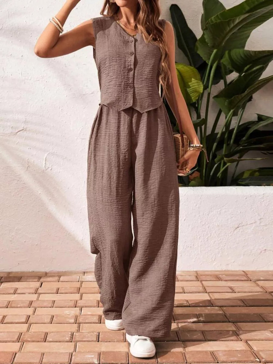 Taupe cropped vest and wide-leg pants set with button detail