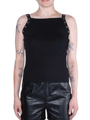 100% Polyester Care instructions: Machine wash cold tank top in black with fitted silhouette
