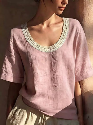Pink linen blend blouse with crochet neckline and short sleeves