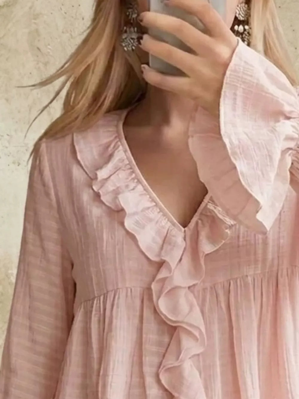 Ruffled V-neck Flounce Sleeve Blouse in Yellow
