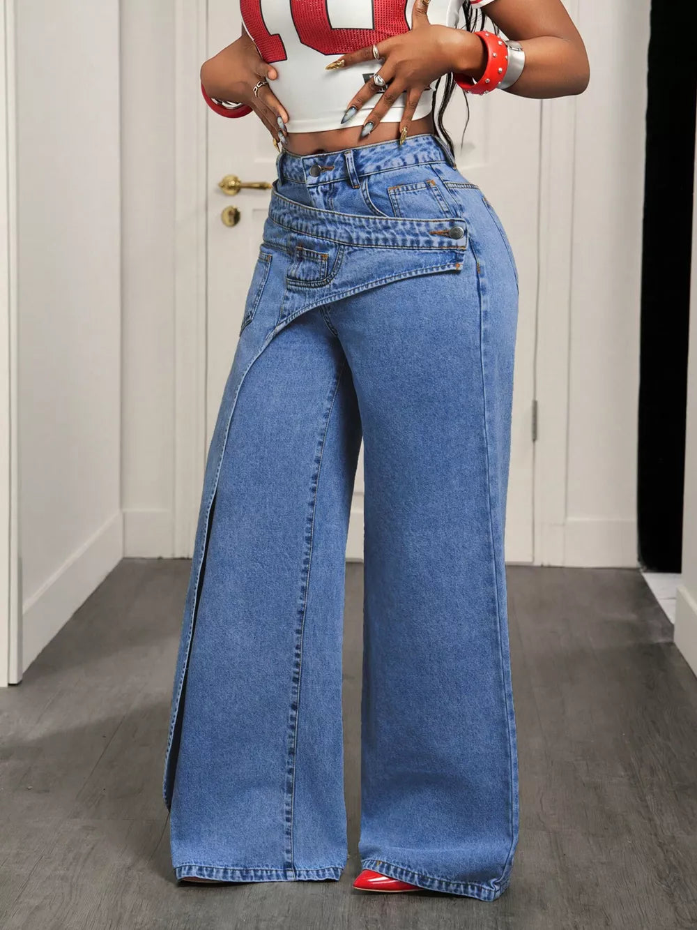 Medium Blue with Asymmetrical High-waisted Wide-leg Jeans