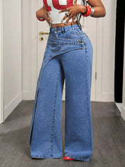 Medium Blue with Asymmetrical High-waisted Wide-leg Jeans