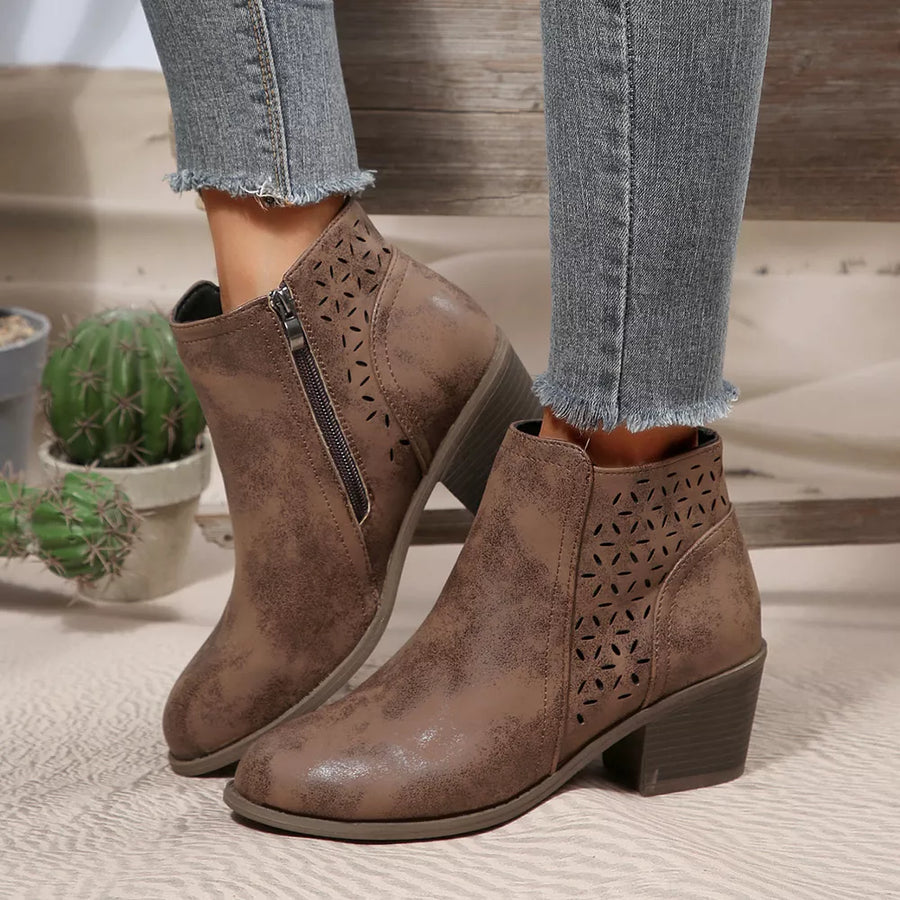brown boots with ankle-length and side-zip