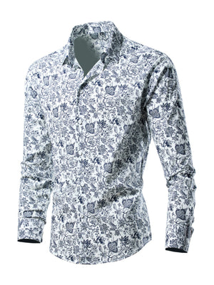 Men's button-down shirt in white with a blue floral print, long sleeves, and collared neckline.