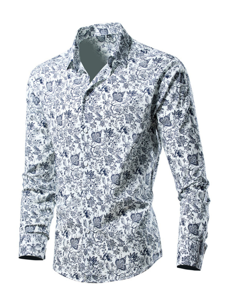 Men's button-down shirt in white with a blue floral print, long sleeves, and collared neckline.