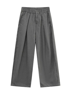 Plaid wide-leg relaxed fit pants in grey with adjustable drawstring waist.
