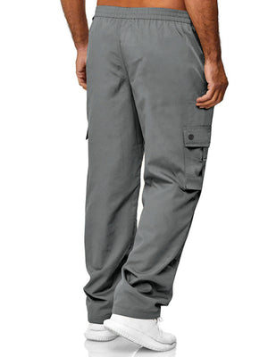 Gray cargo pants with adjustable waist and button-flap cargo pocket.
