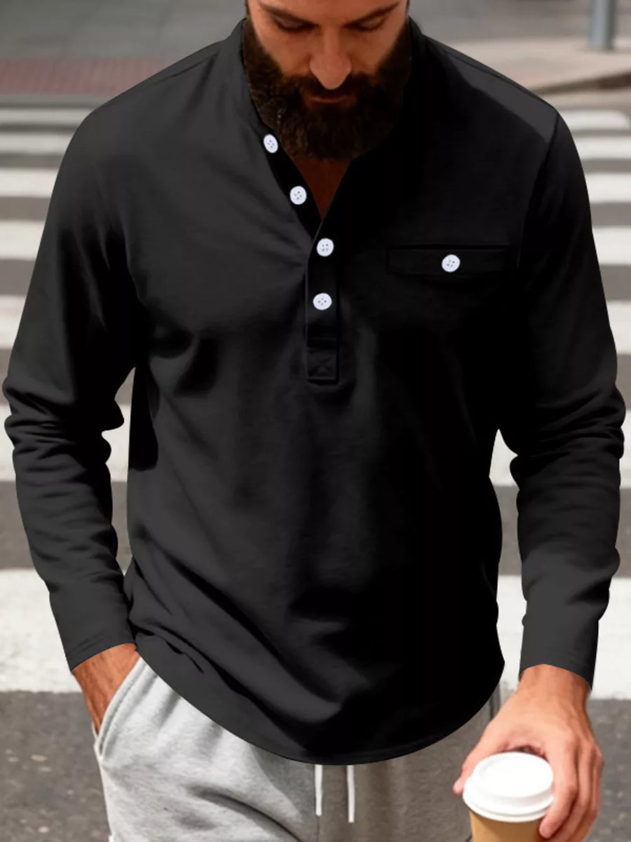 Black long sleeve band collar shirt with button detail and chest pocket
