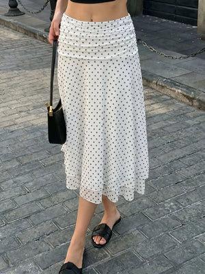 Polka Dot Ruched Waist Midi Skirt in White