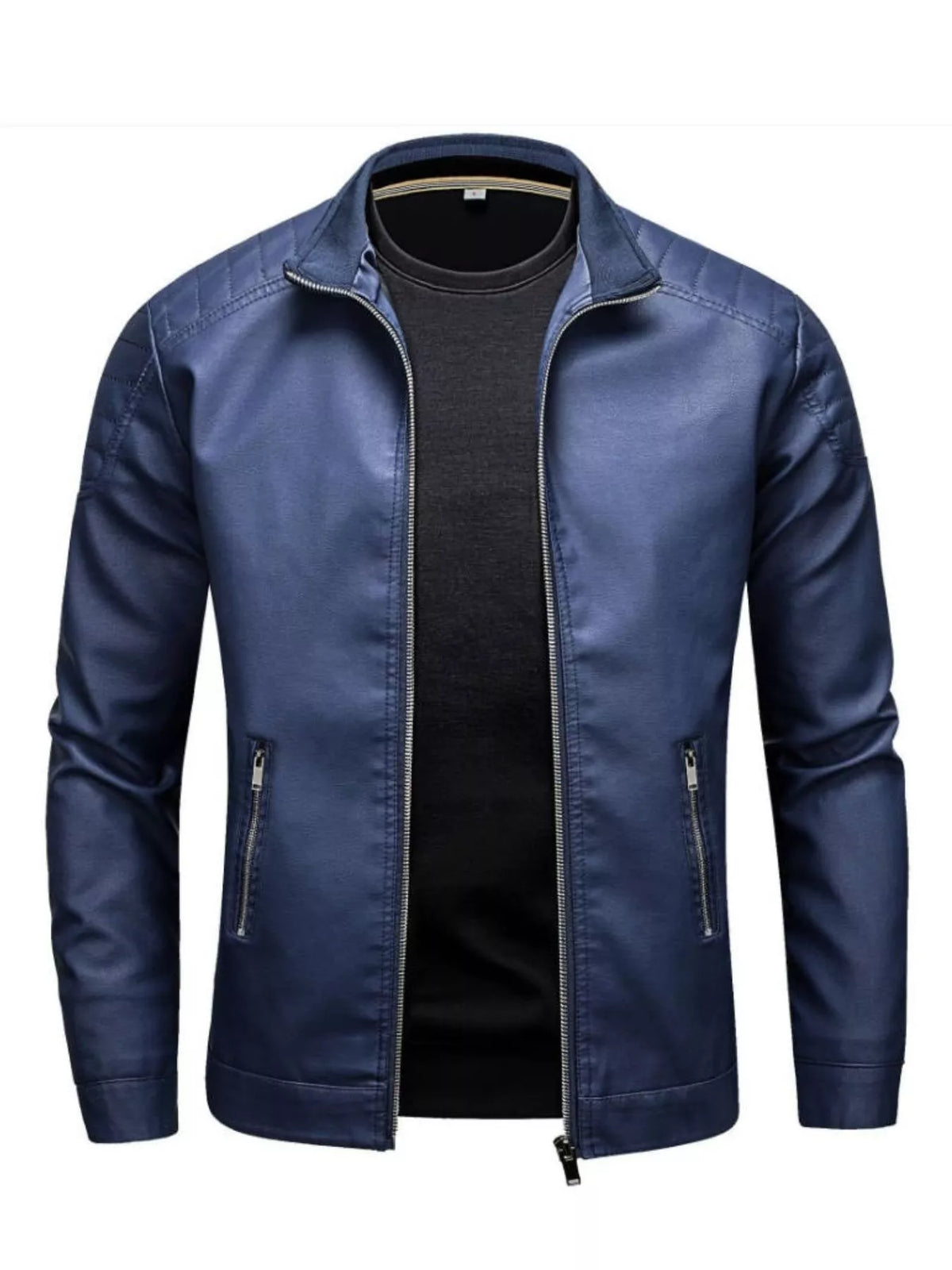 Blue zip-up track jacket with quilted shoulders and zippered pockets