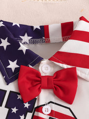 Baby bodysuit with American flag print, red bow tie, and white buttons.