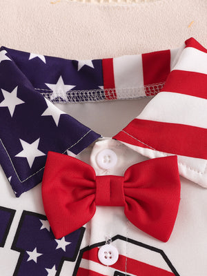 Baby bodysuit with American flag print, red bow tie, and white buttons.