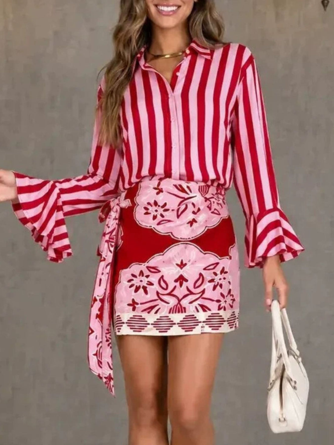 red shirt and skirt set with striped and collared