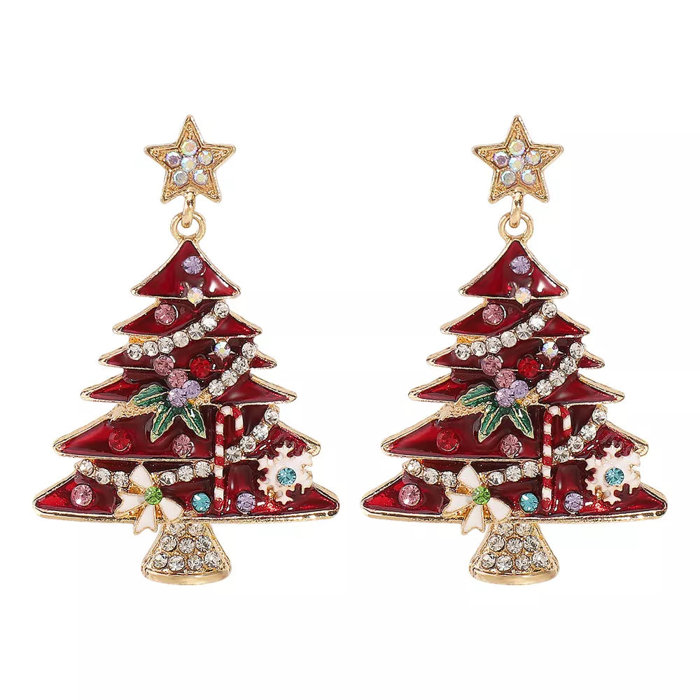 Red Christmas tree dangle earrings with star tops and festive embellishments.