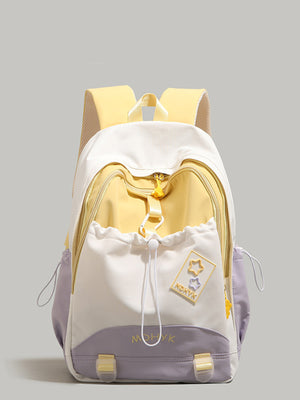 Nylon drawstring backpack with pockets in yellow, white, and lavender, featuring star patches.
