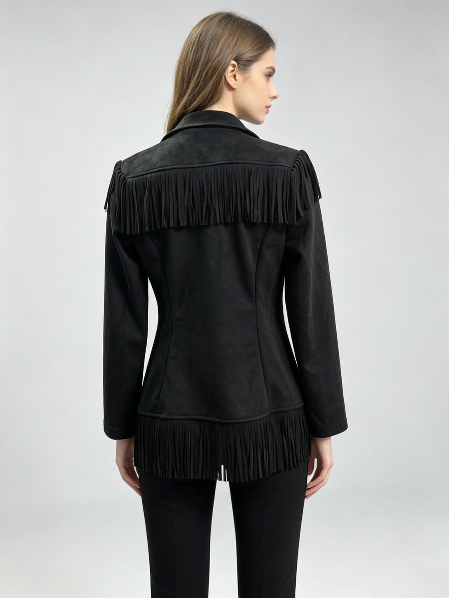 Black jacket with hip-length and open-front