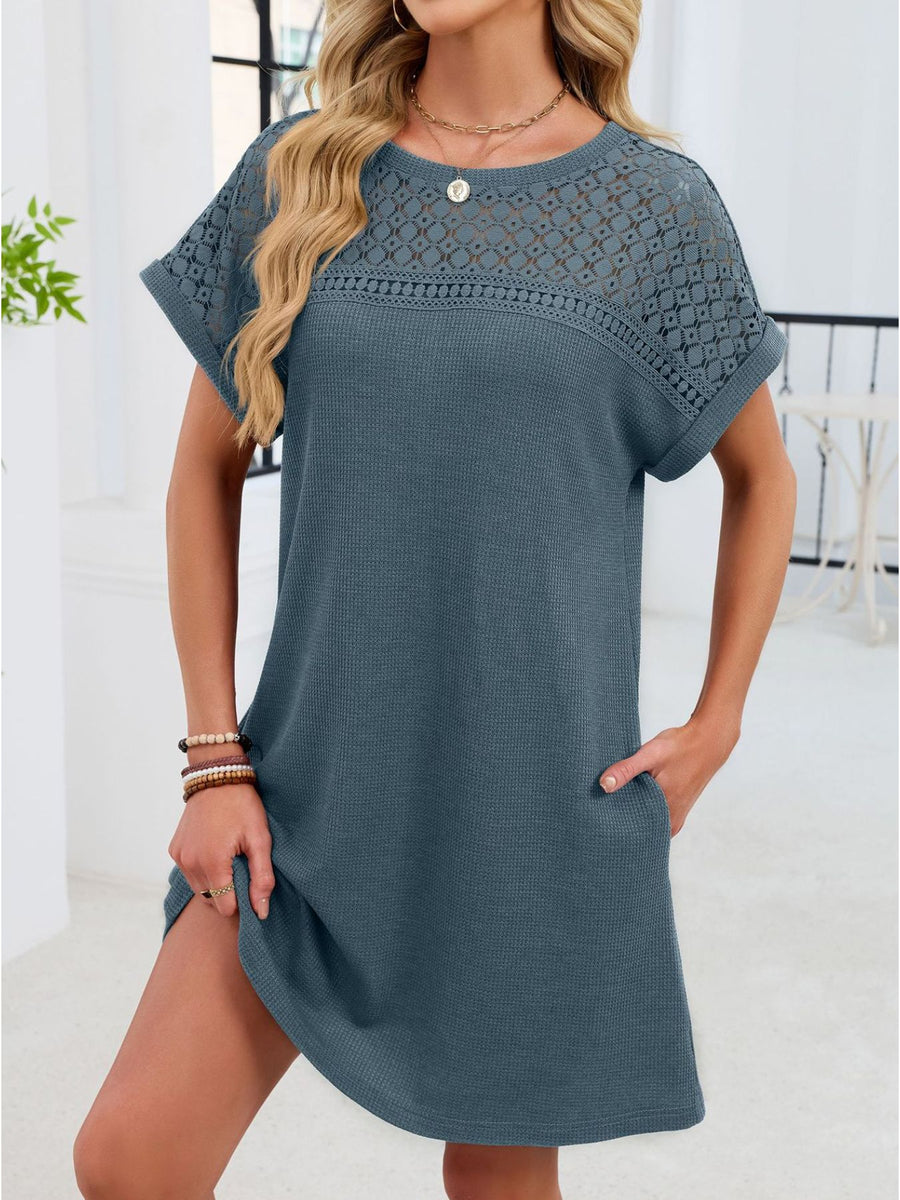 Sheer lace yoke t-shirt dress in French Blue with short sleeves and above-knee length.