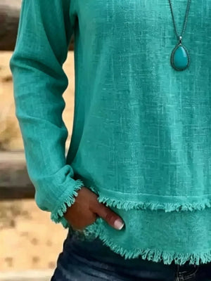 V-neck Long Sleeve Blouse With Frayed Hem in Khaki