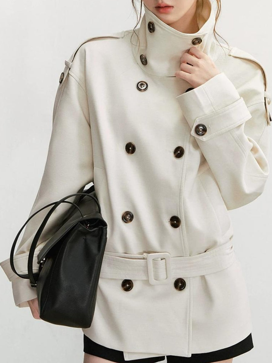ivory trench coat with hip-length and button-front