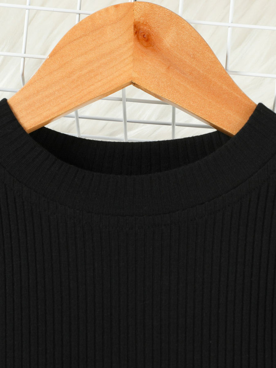 Black ribbed knit toddler top with crew neck detail
