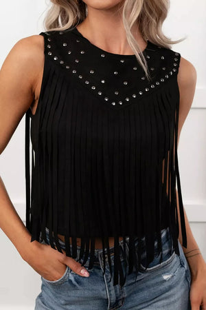Black fringe tank top with rhinestone embellishments on the neckline