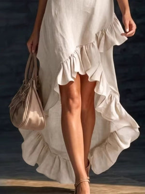 Beige high-low ruffle hem dress with asymmetrical ruffled detailing.