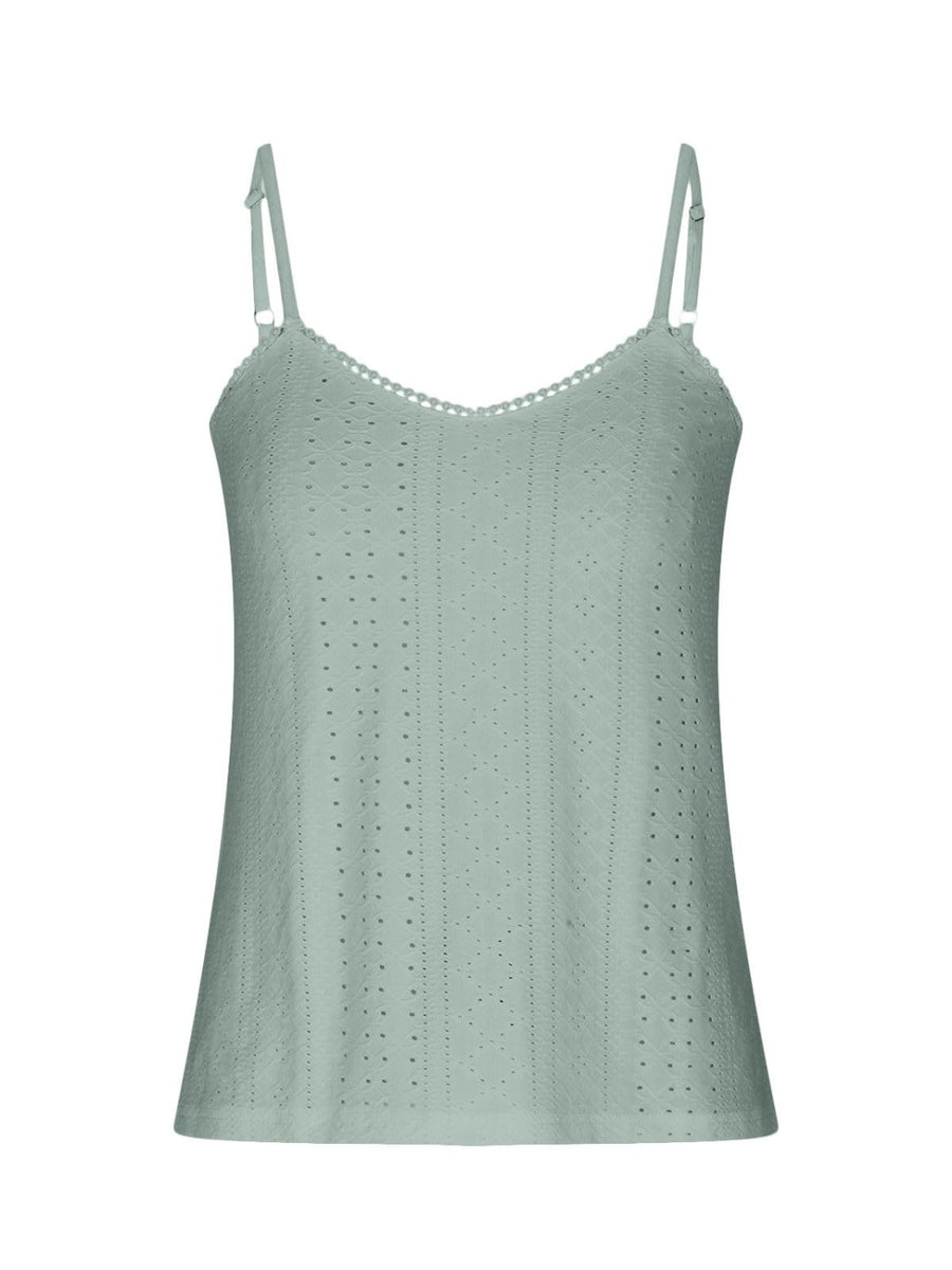 Eyelet lace inset cami top in Air Force Blue with adjustable straps and scalloped trim.