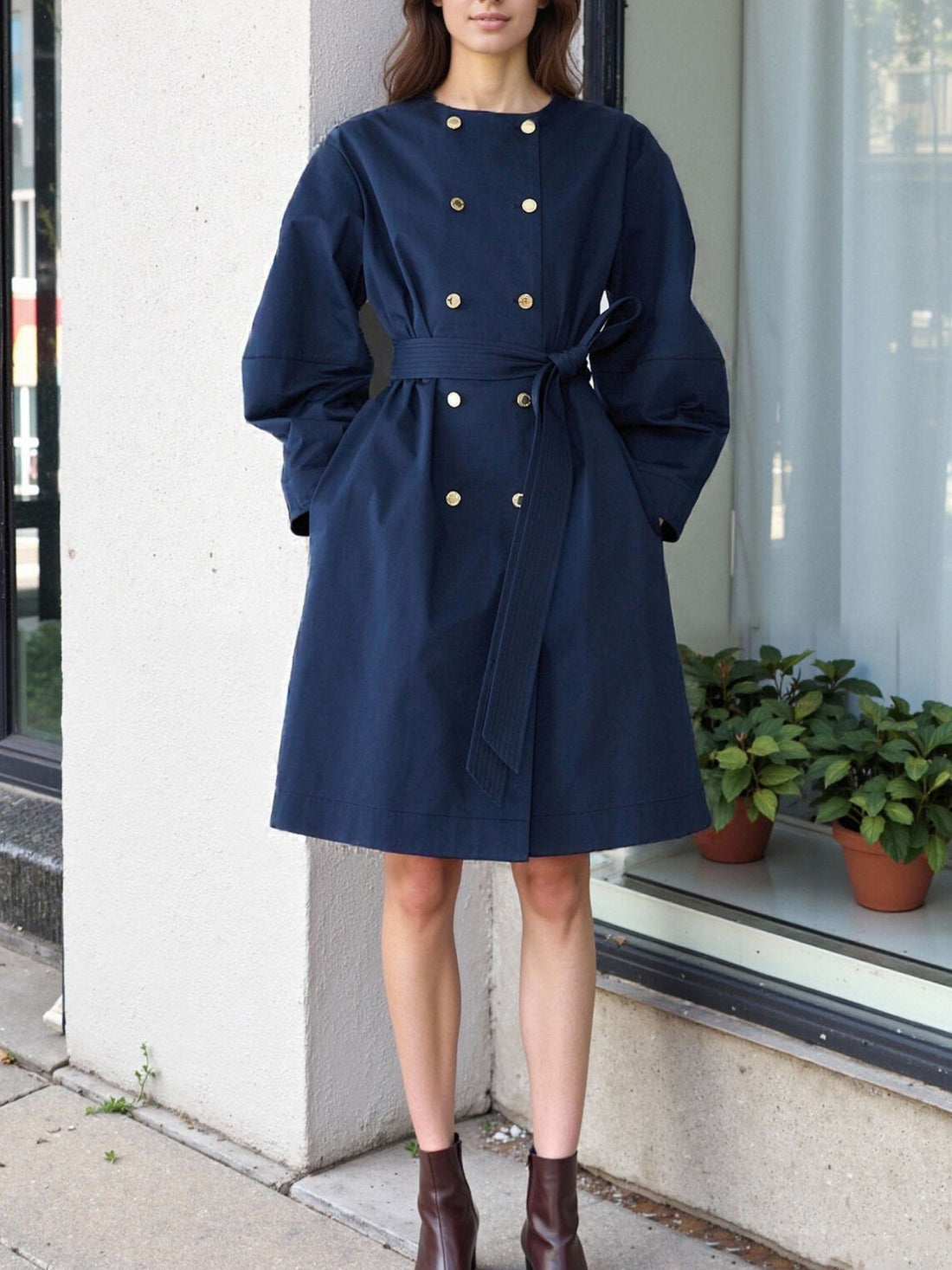 trench coat in navy blue featuring tied and A-line fit