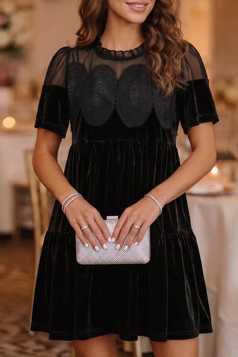 Black Embroidered Velvet Short Sleeve Mini Dress