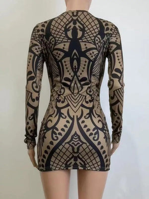 Multicolor with Abstract Print Long Sleeve Mini Dress in Multicolor