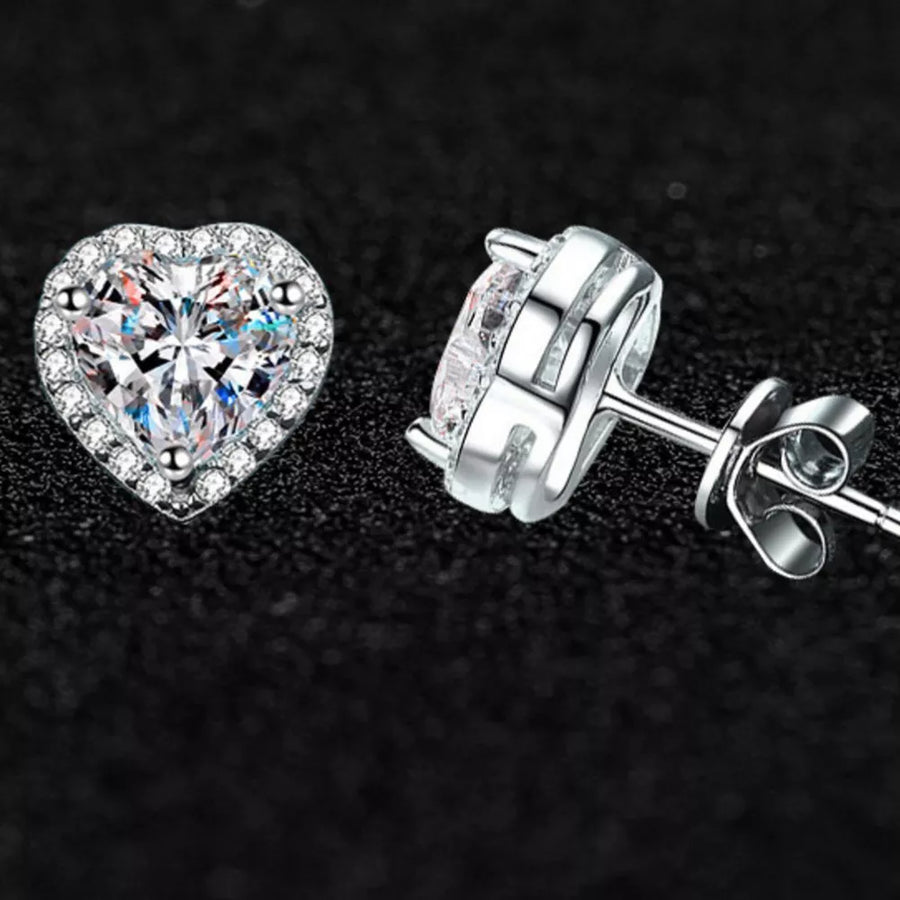 2 Carat 925 Sterling Silver Moissanite Heart Earrings in clear with heart-shaped