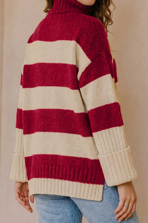 pullover sweater in Burgundy with striped and ribbed trim