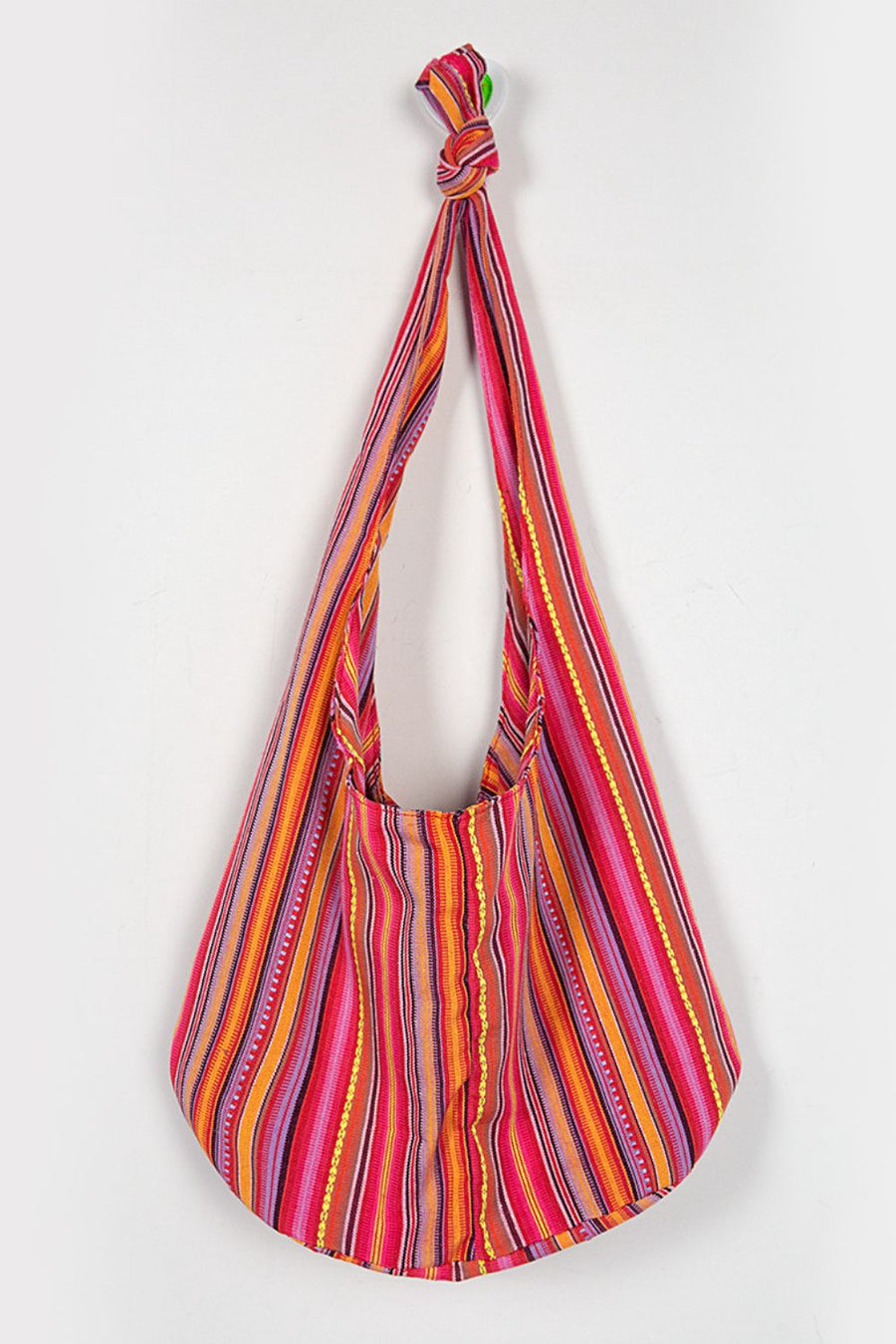 Tribal Weave Shoulder Bag in multicolor striped canvas with yellow embroidered detail.