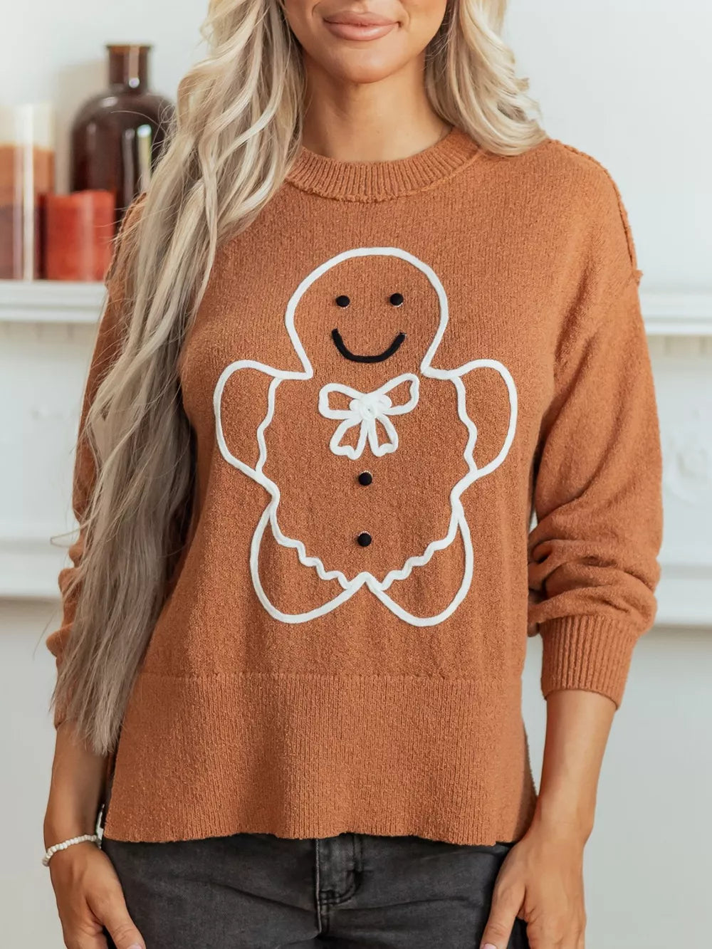 rust pullover sweater with graphic-print and crew neck