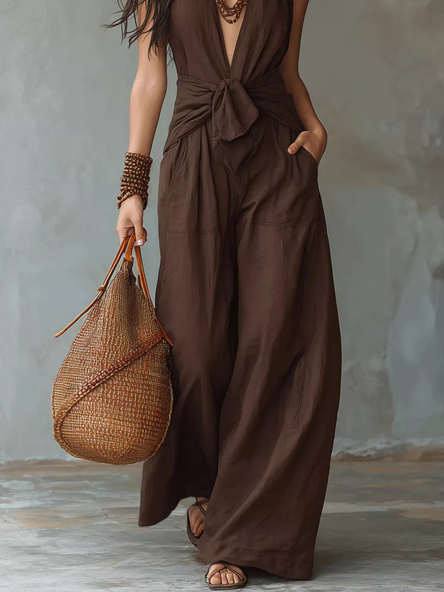 Brown jumpsuit with full-length and tie