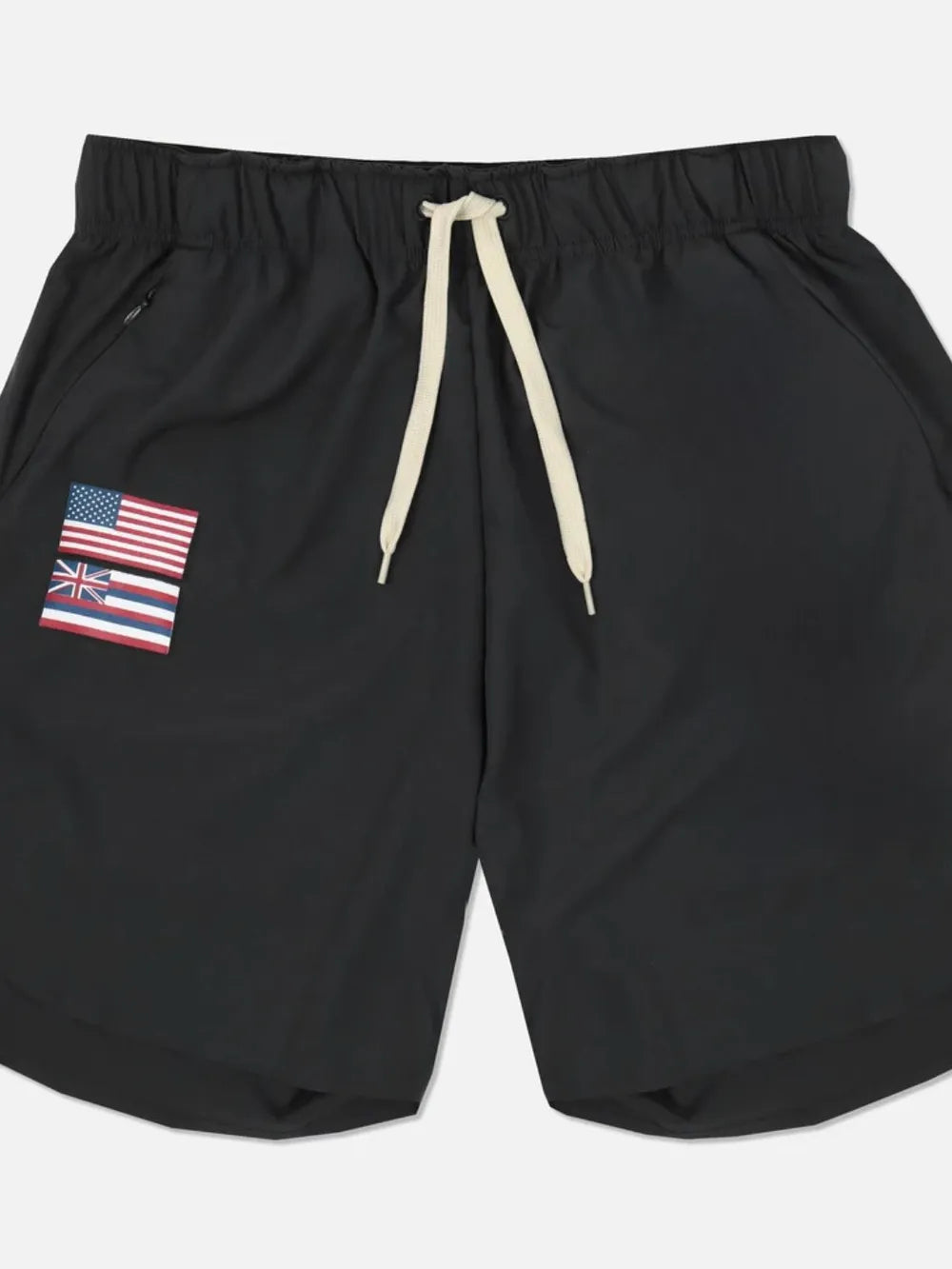 Black active drawstring shorts with US and Hawaiian flag patch detail.