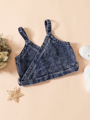 Acid-wash denim cami with adjustable straps and rolled hem detail.