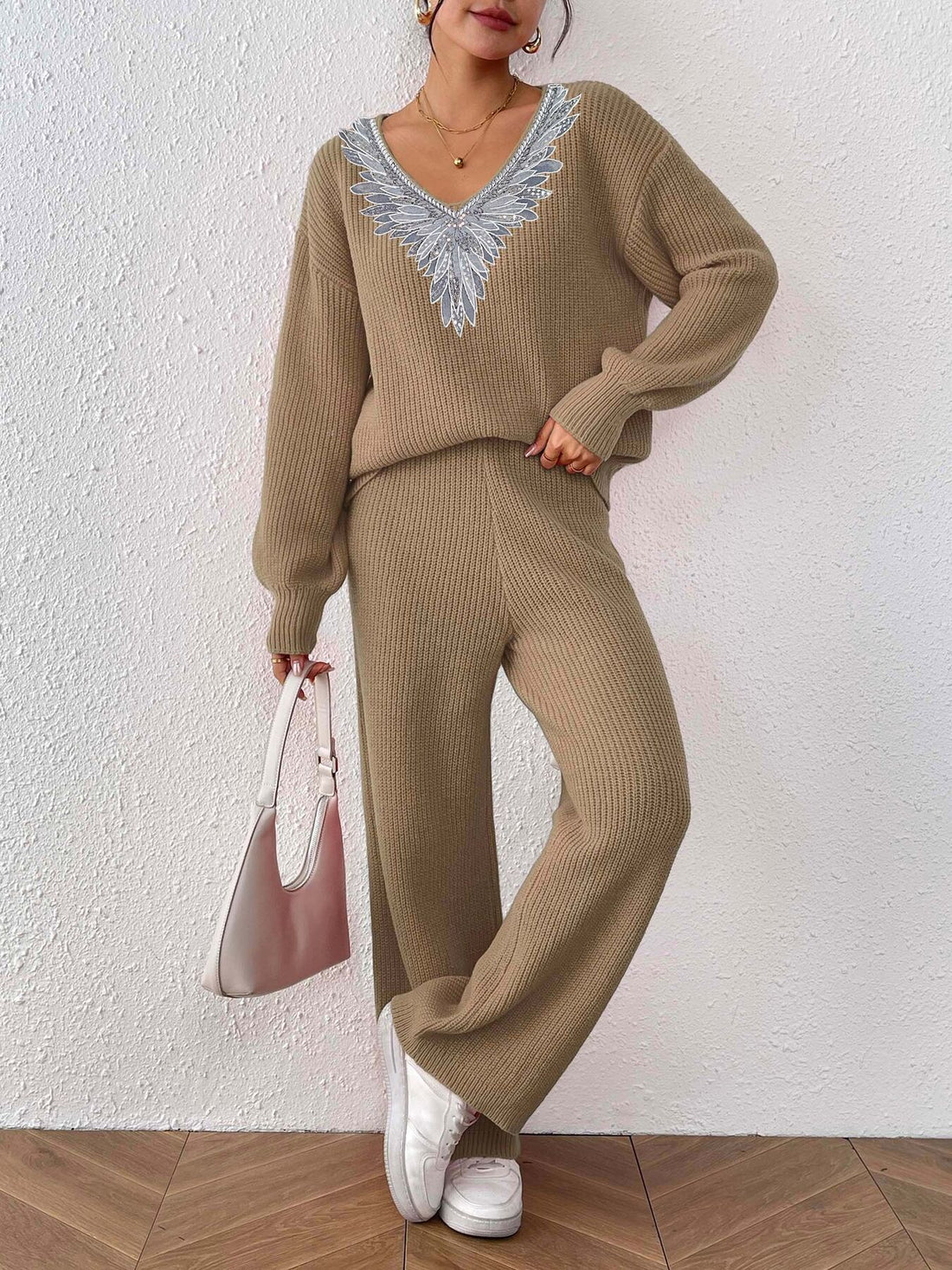 sweater set in camel featuring ribbed knit and relaxed fit