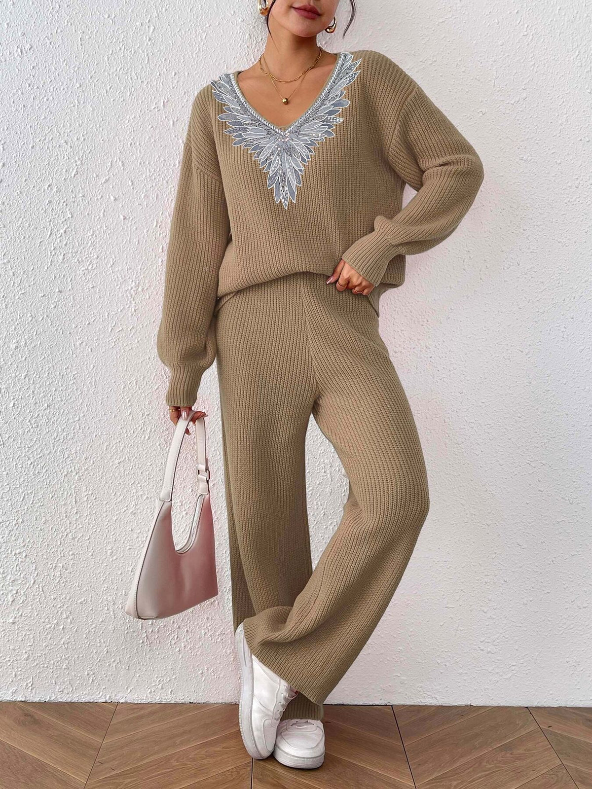 sweater set in camel featuring ribbed knit and relaxed fit