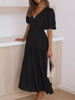 Elegant Puff Sleeve V-neck Midi Dress in Dark Green