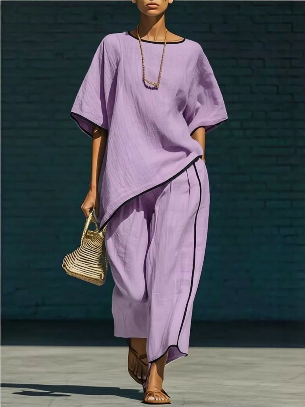 Purple two-piece set with contrast trim, short sleeves, and cropped pants.
