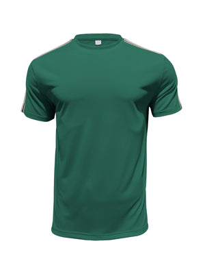 Men's dark green crew neck t-shirt with striped shoulder detail