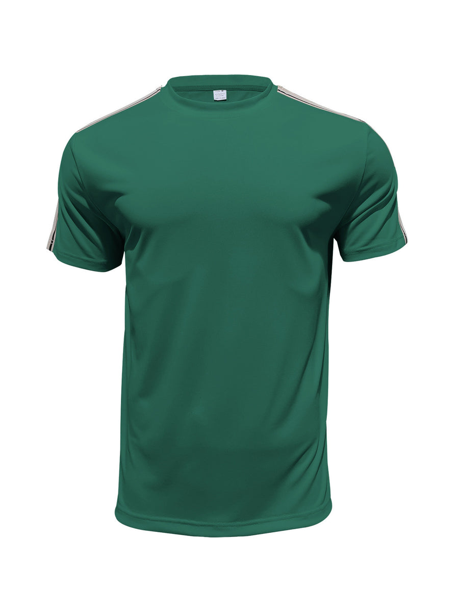 Men's dark green crew neck t-shirt with striped shoulder detail