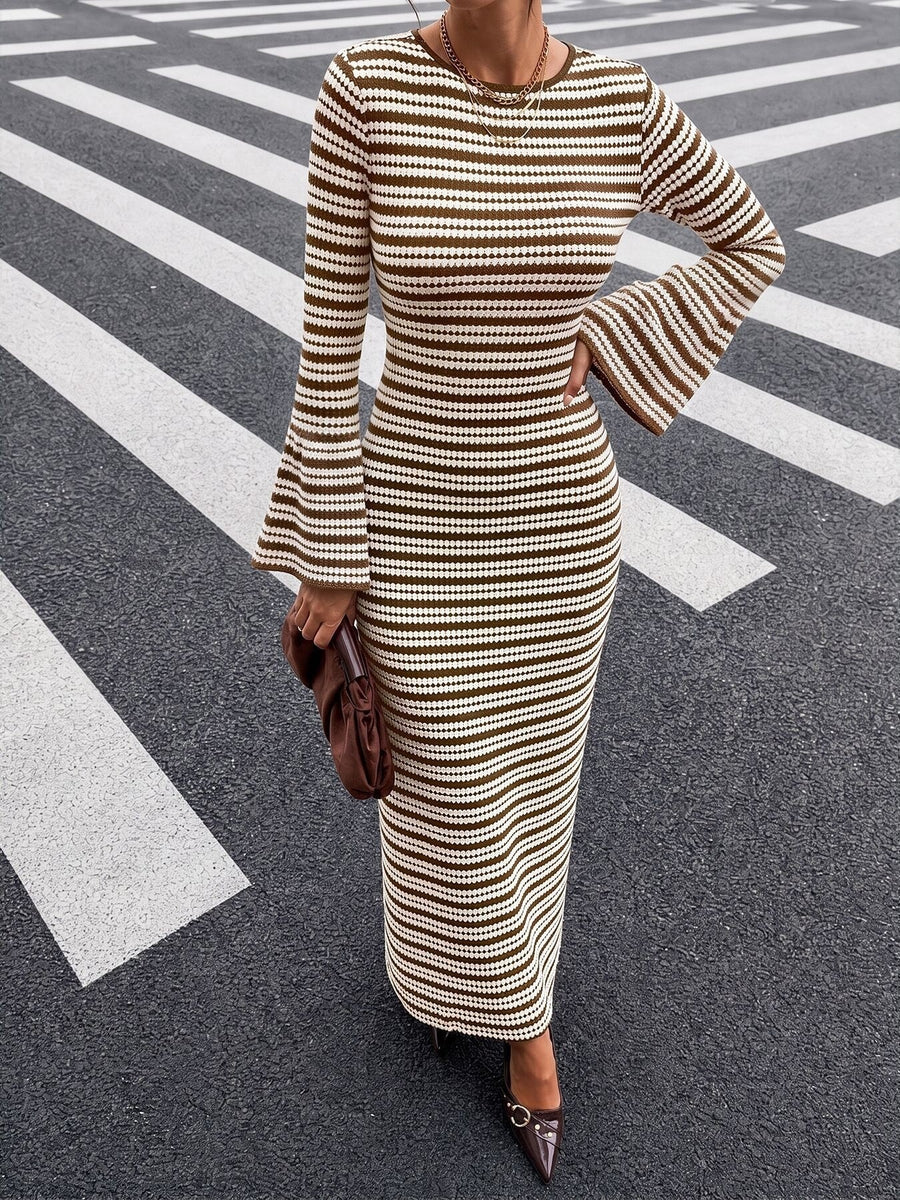 95% polyester, 5% elastane Care instructions: Machine wash cold sweater dress in Brown with fitted silhouette