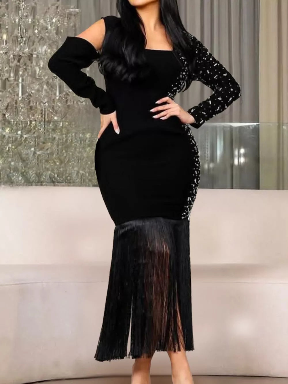 cocktail dress in black featuring split and bodycon fit