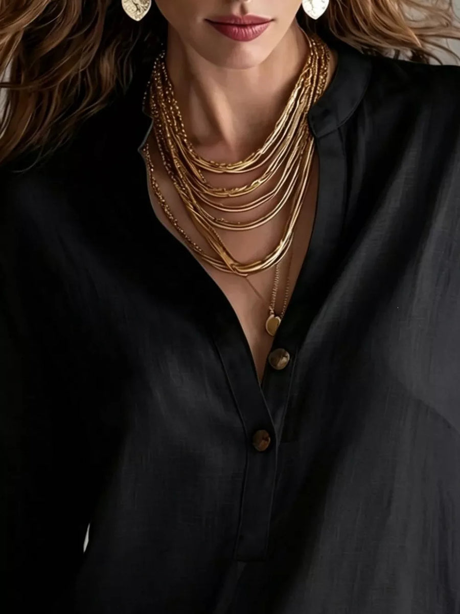 Button Detail Long Sleeve Blouse in Beige with buttoned