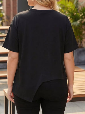 Plus-size black asymmetrical t-shirt with button accent detail.