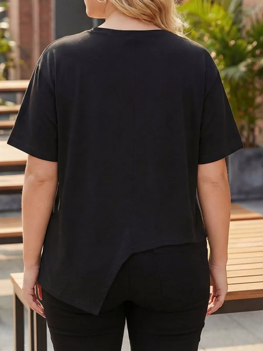Plus-size black asymmetrical t-shirt with button accent detail.