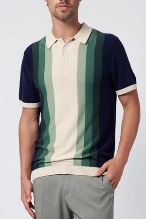 Men's knit polo shirt with vertical gradient stripes in navy, green, and cream.