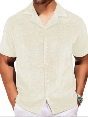 Textured velour camp collar shirt in ivory with short sleeves and button front.